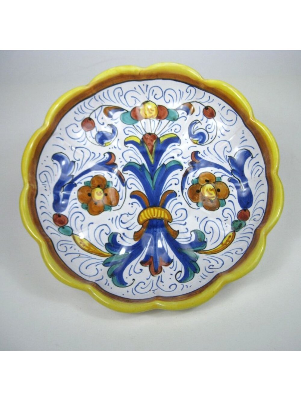 Deruta Italian Hand Painted Ceramic Bowl Scalloped Yellow Rim Italy